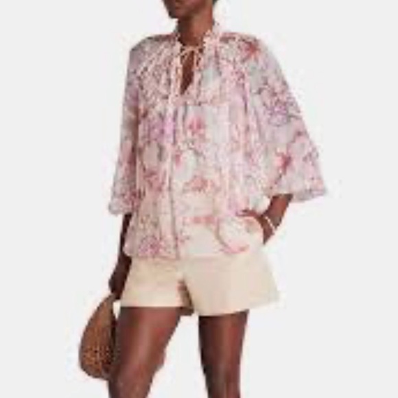 Zimmermann Tops - NWOT Zimmermann Pink Floral Tie-Neck Blouse